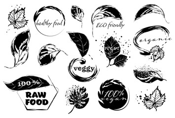 Big collection of bio, vegan, organic, raw, eco and healthy logos, labels, icons and badges. Hand drawn vector set. Black trendy illustration. Great effect structure. Universally usable.
