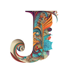 Letter J Papercut. Generative AI Illustration of ABC Alphabet. Typography. Isolated Transparent Background.