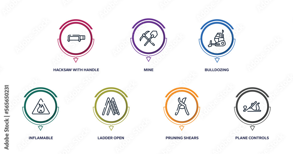 Aufkleber tools and hinery outline icons with infographic template. thin line icons such as hacksaw with handl