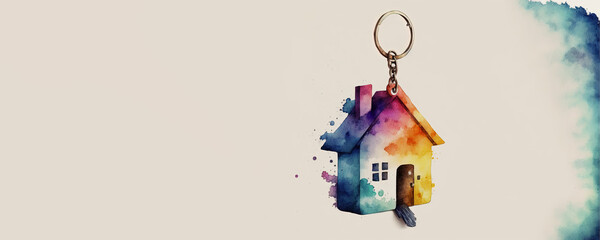 Fototapeta na wymiar Congratulations with your new House - House Key Chain with copy space - Watercolor (Generative AI Art)
