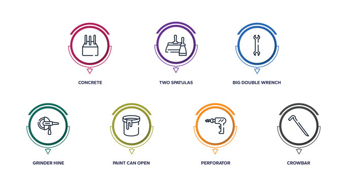 tools outline icons with infographic template. thin line icons such as concrete, two spatulas, big double wrench, grinder hine, paint can open, perforator, crowbar vector.