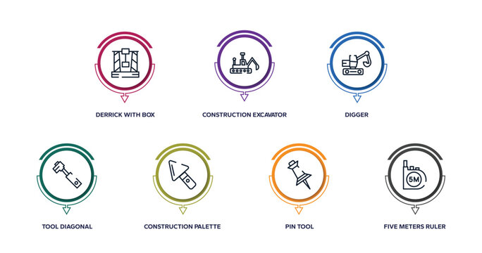 constructicons outline icons with infographic template. thin line icons such as derrick with box, construction excavator, digger, tool diagonal, construction palette, pin tool, five meters ruler