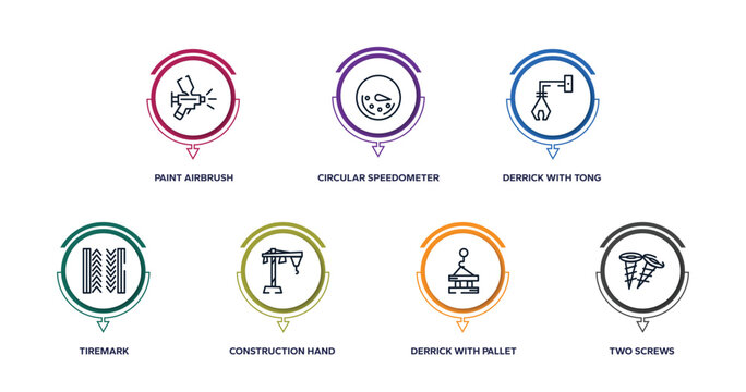 constructicons outline icons with infographic template. thin line icons such as paint airbrush, circular speedometer, derrick with tong, tiremark, construction hand drawn sketch, derrick with
