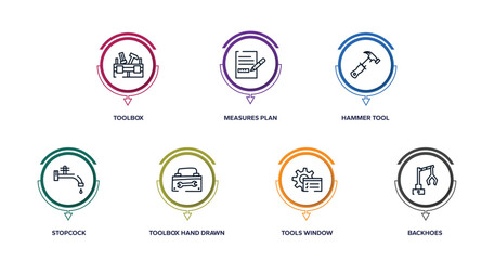 constructicons outline icons with infographic template. thin line icons such as toolbox, measures plan, hammer tool, stopcock, toolbox hand drawn tool, tools window, backhoes vector.