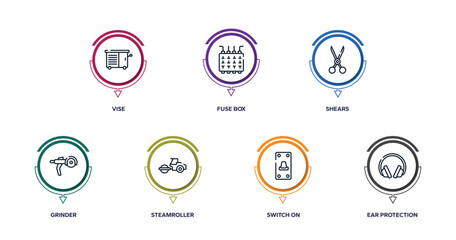 construction tools outline icons with infographic template. thin line icons such as vise, fuse box, shears, grinder, steamroller, switch on, ear protection vector.