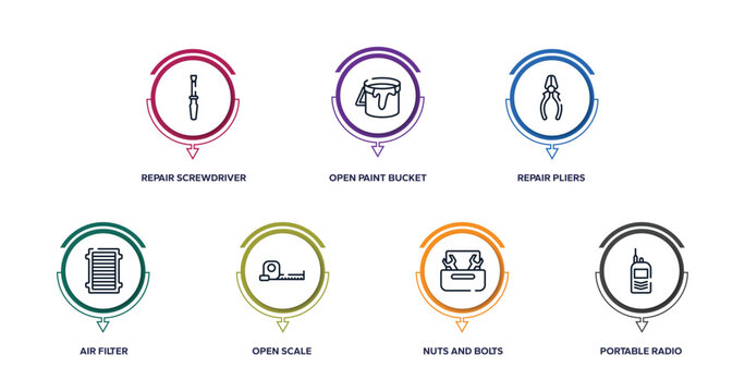 toolbox outline icons with infographic template. thin line icons such as repair screwdriver, open paint bucket, repair pliers, air filter, open scale, nuts and bolts, portable radio vector.