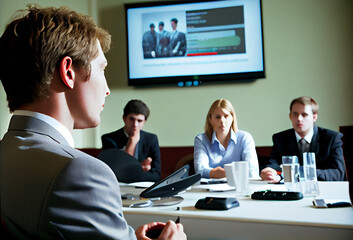 Young businessman presenting in front of conference room with electronic bulletin board