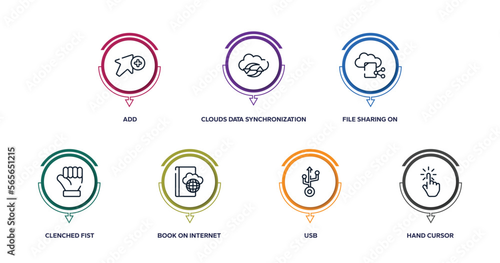 Poster cursors and pointers outline icons with infographic template. thin line icons such as add, clouds da