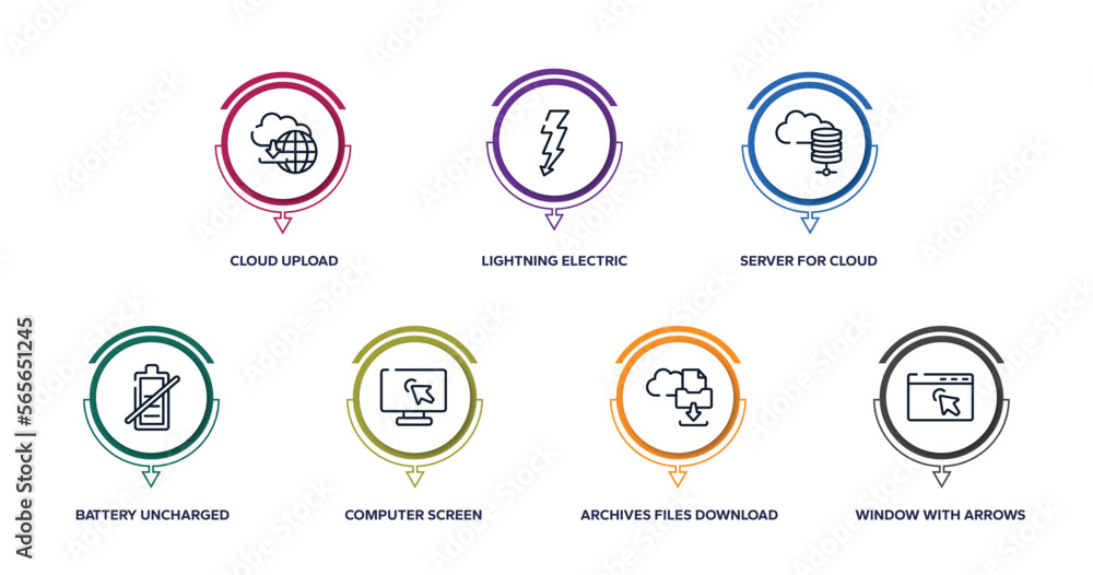 Poster computer and media outline icons with infographic template. thin line icons such as cloud upload, li