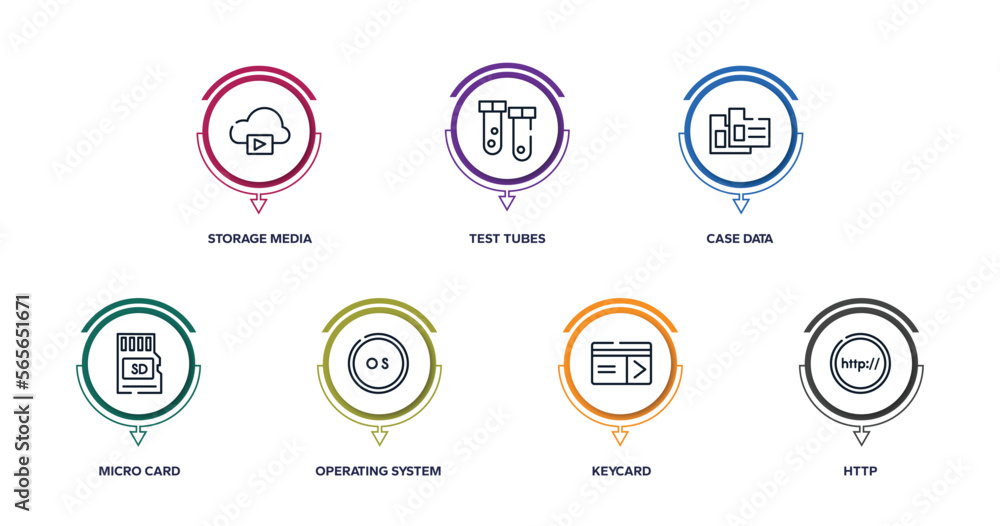 Poster internet outline icons with infographic template. thin line icons such as storage media, test tubes,