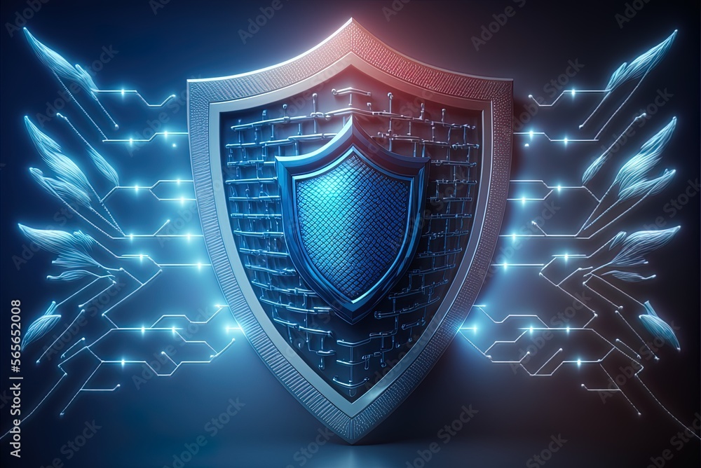 Poster safety and digital grids in the future, with a shield symbol. wallpaper featuring network technology