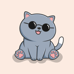 Cat Sitting Cartoon - Cute Gray Cat Sit - Cool with Circle Glasses