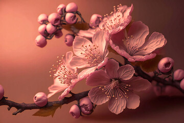 A close-up of a pink cherry blossom, set against a pink gradient background