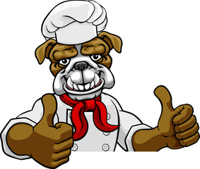 A bulldog chef mascot cartoon character peeking round a sign and giving a thumbs up