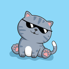 Cat Sitting Cartoon - Cute Tabby Grey Cat Sit - with Sunglasses
