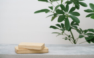 Wood podium on concrete tabletop floor blurred tropical green plant white background.Healthy natural product placement pedestal platform counter stand display, forest or jungle concept.