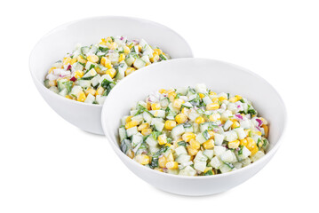 Fototapeta na wymiar Cucumber corn salad in a bowl on a white isolated background