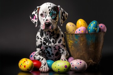 Dalmatian Puppy with Easter Eggs