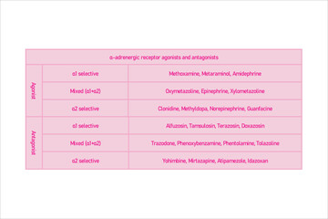 Table showing classification of α adrenergic receptor agonists and atagonists drugs with examples. Blue background and text.