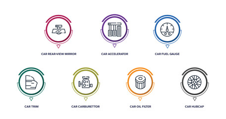 car parts outline icons with infographic template. thin line icons such as car rear-view mirror, car accelerator, fuel gauge, trim, carburettor, oil filter, hubcap vector.