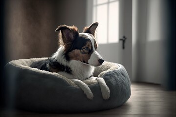 Adorable dog resting at home in a dog bed, high definition, home security, company, loyal, room, care, love, gray dog bed, modern, wallpaper, picture, dog breed, proud profile, beautiful coat. AI