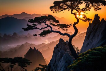 Early morning sunrise in the Huangshan Mountains in high resolution, cool wallpaper, poster painting, golden sun, beautiful scenic view, high in the mountains, a great start to the day, fog, nature.AI