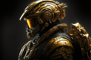 Elite space soldier in golden helmet future technology development concept, poster, game, film, imagination, high-detailed, universal soldier, special purpose,protection, battles, elite troops. AI