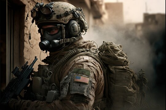 Image Armed special forces patrol soldier in special equipment, high resolution, us army, weapons, danger, physical training, tactics, wallpaper, protection, service, risk life, courage. AI