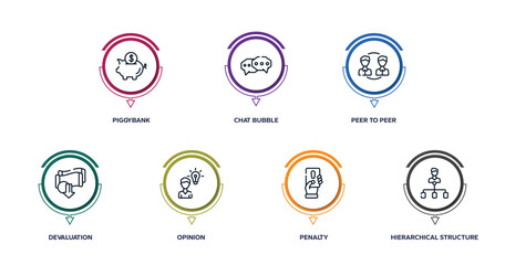 finance outline icons with infographic template. thin line icons such as piggybank, chat bubble, peer to peer, devaluation, opinion, penalty, hierarchical structure vector.