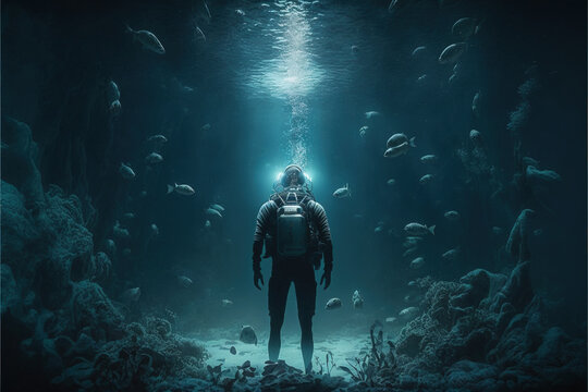 Diver explores the bottom of the sea in the deep sea - Generativ KI 