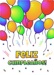 Feliz cumpleanos card. Happy birthday greeting bright cheerful cards set in Spanish with balloons and confetti. Flat vector illustration.