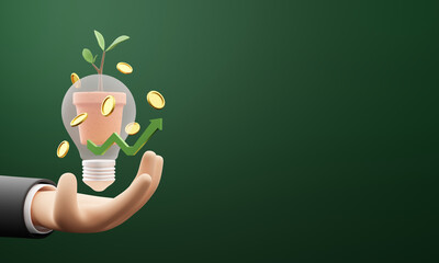 Green economy concept design of business hand with light bulb and tree in flower pot with gold coin 3D render - obrazy, fototapety, plakaty
