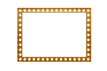 3d retro gold signboard with glowing yellow light bulb . Concept of billboard design for cinema, casino, marquee or nightclub . 3d high quality render