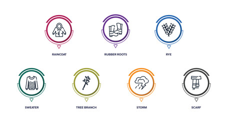 autumn outline icons with infographic template. thin line icons such as raincoat, rubber roots, rye, sweater, tree branch, storm, scarf vector.