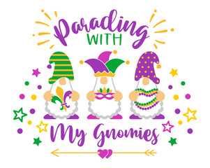 Mardi Gras Gnomes with mask, fleur de lis and beads - obrazy, fototapety, plakaty