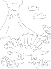 Funny cartoon dinosaur Spinosaurus. Black and white vector illustration for coloring book