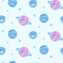 Seamless pattern with cute stars and planets on light background. 