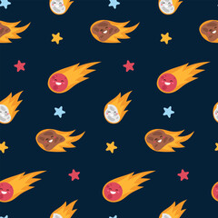 Seamless pattern with cute stars, comets, asteroids and meteorites on dark background. © v.iraa