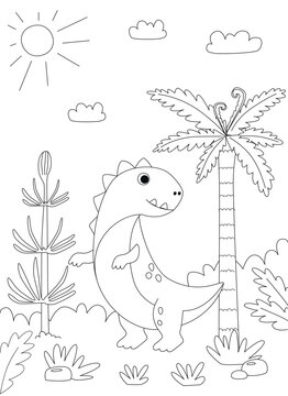Funny cartoon dinosaur Tyrannosaurus. Black and white vector illustration for coloring book