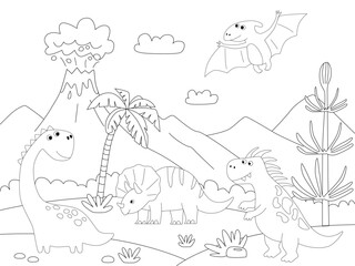 A dinosaur cartoon cute animal background prehistoric landscape coloring outline scene. Vector printable coloring page for children in cartoon style
