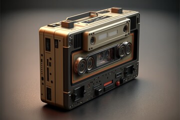 Fototapeta premium audio cassette recorder 4k, high detail, sound, entertainment, music, sound recording, tape cassettes, mobile, convenient, retro, vintage, podcast, expose, stylish wallpaper, data, digital. AI