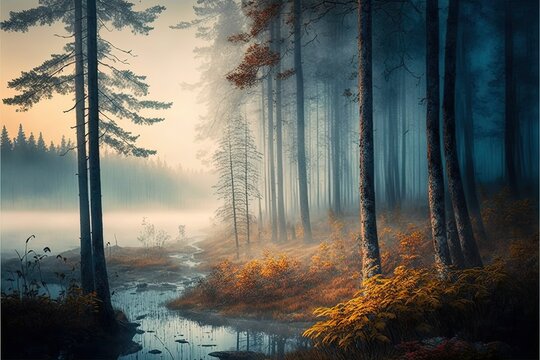 autumn forest in the morning fog in high resolution, dawn, river, golden foliage, nature, peace, rest, clean air, tourism, walking in the forest, park, beautiful wallpaper, picturesque landscape. AI