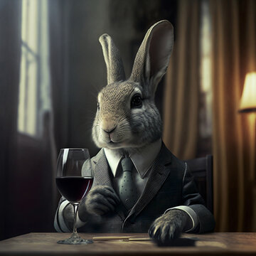 Realistic rabbit in costume in a restaurant with a glass of wine, portrait generative ai	