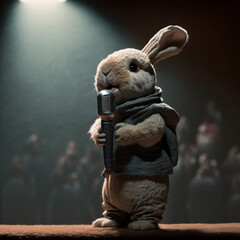 Realistic rabbit on stage performing with a microphone, portrait generative ai