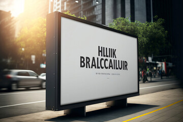 Big billboard standing in the city. Mockup Template. Blurred background. Sunset. Free copy space for your advertisement or graphic material. 3D render.