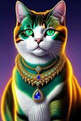 Lovely kitty with bright green eyes and wearing a blue sapphire and diamond necklace