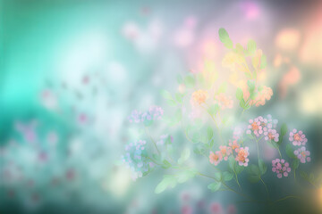 Fototapeta na wymiar Spring floral gradient background with iridescent surreal flowers, delicate pastel colors. Generative AI illustration