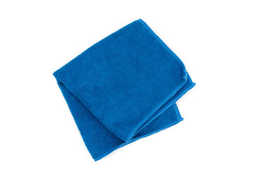 Closeup blue duster microfiber cloth for cleaning isolated on white background. Top view. Flat lay