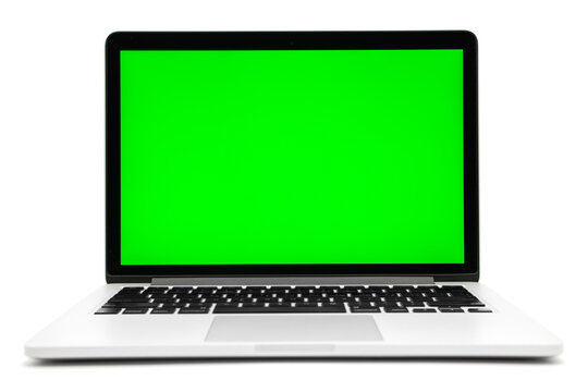 Laptop computer with green screen isolated on white background