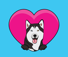 Funny Husky dog hanging with paws in a big Valentine's day heart. Love heart with pet head and pink heart and footprint. Dog face Holding Pink Heart Cartoon Icon. St Valentine's day for dog funs.